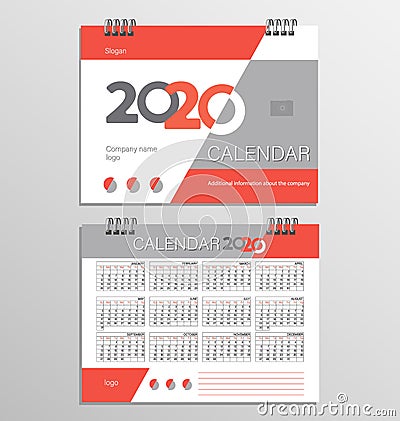 Desk calendar template for 2020 year. Vector Illustration